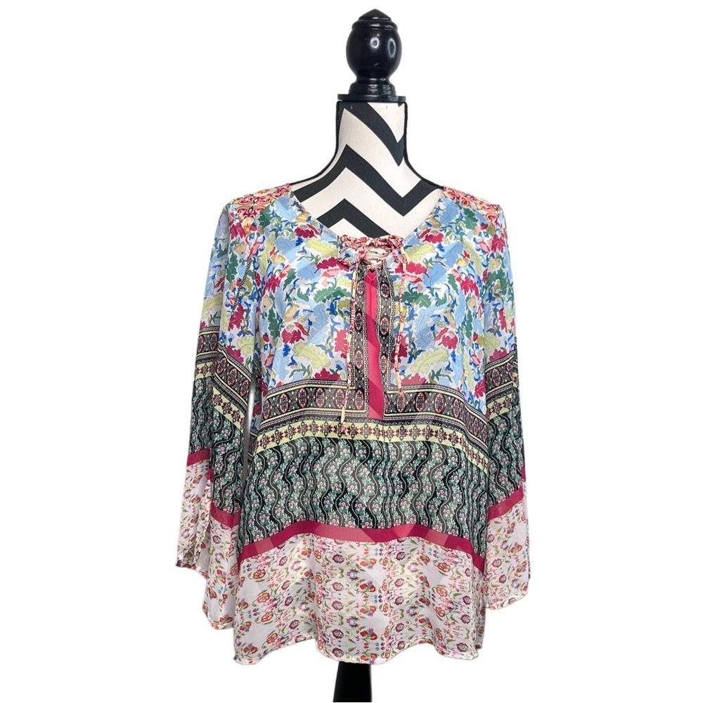 Fig & Flower Boho Sheer Floral Bell Sleeve Countrycore Peasant Top Sz M